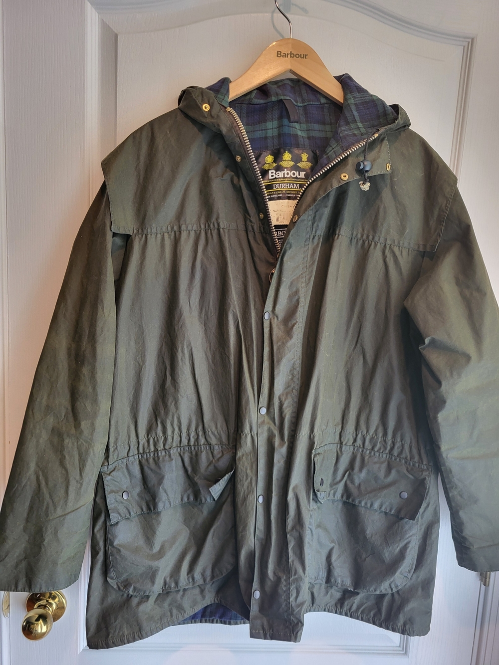 Barbour Durham Waxed Jacket with Tartan Lining and Hood